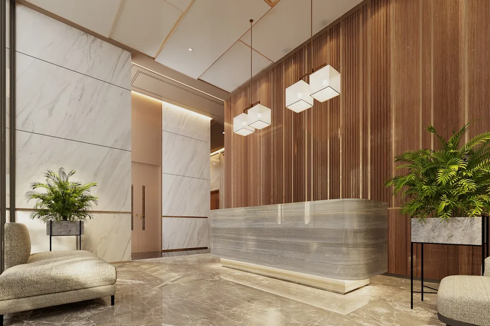Premium commercial lobby with polished marble reception